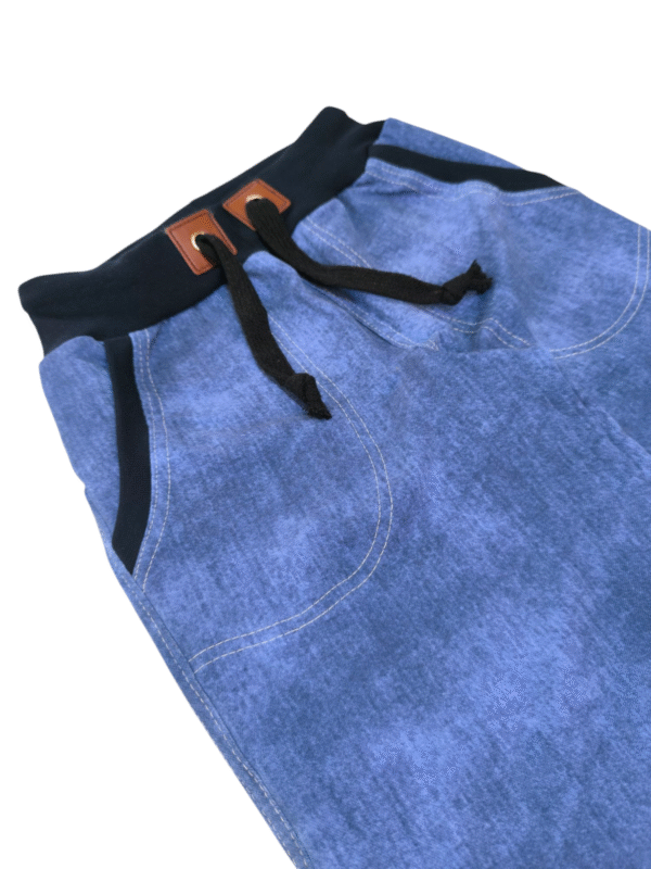Dětské tepláky - imitace Jeans look modré, prošívaná kolena,na objednávku ve velikosti 80-158 - Image 3